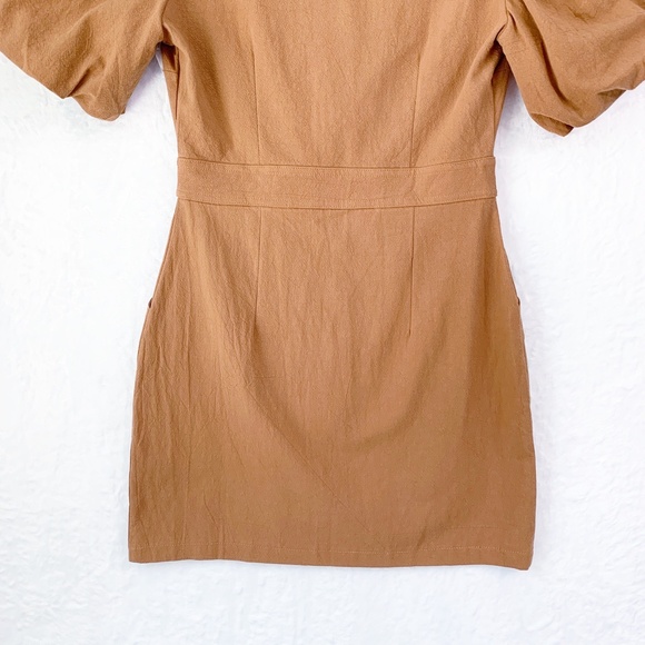 Lena Puff Sleeve Zip Front Utility Mini Dress in Camel Sz S - Picture 5 of 11